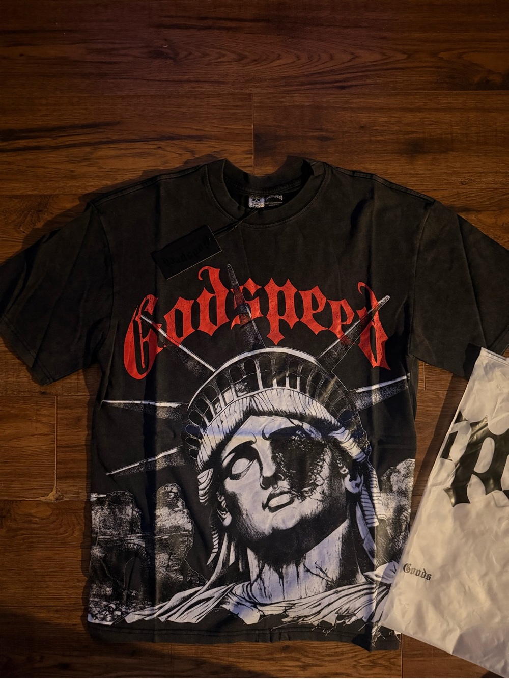 & Other Stories Black Graphic godspeed Tee with Red Logo and Statue Print